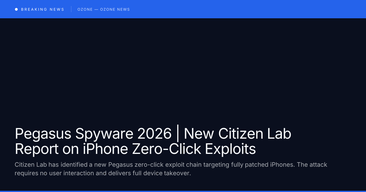 anonymized smartphone silhouette with surveillance overlay lines and a wiretapped signal icon representing Pegasus spyware zero-click infection