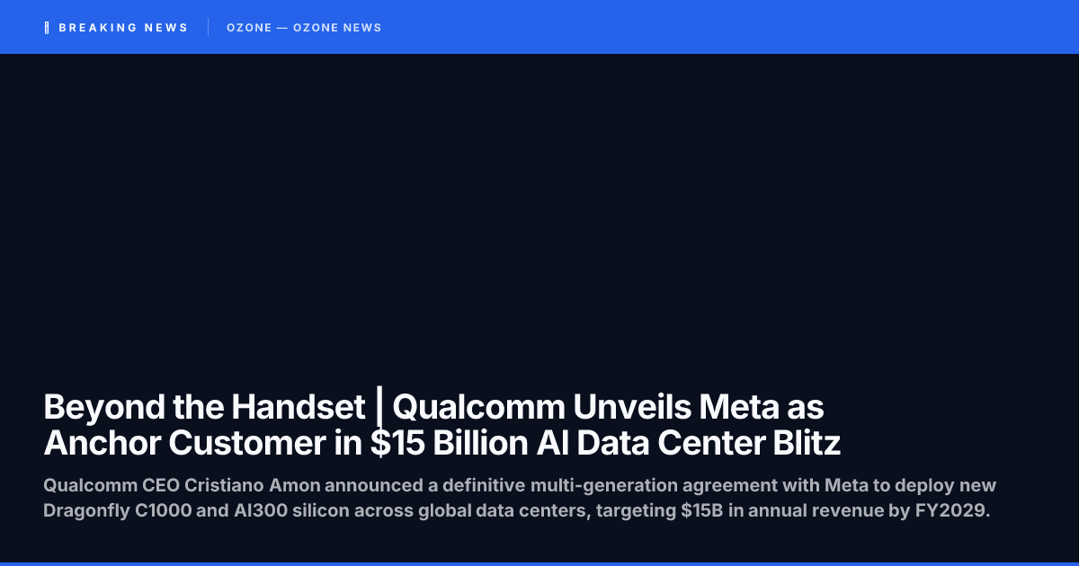 Qualcomm Dragonfly chip architecture diagram with Meta and AI data center imagery