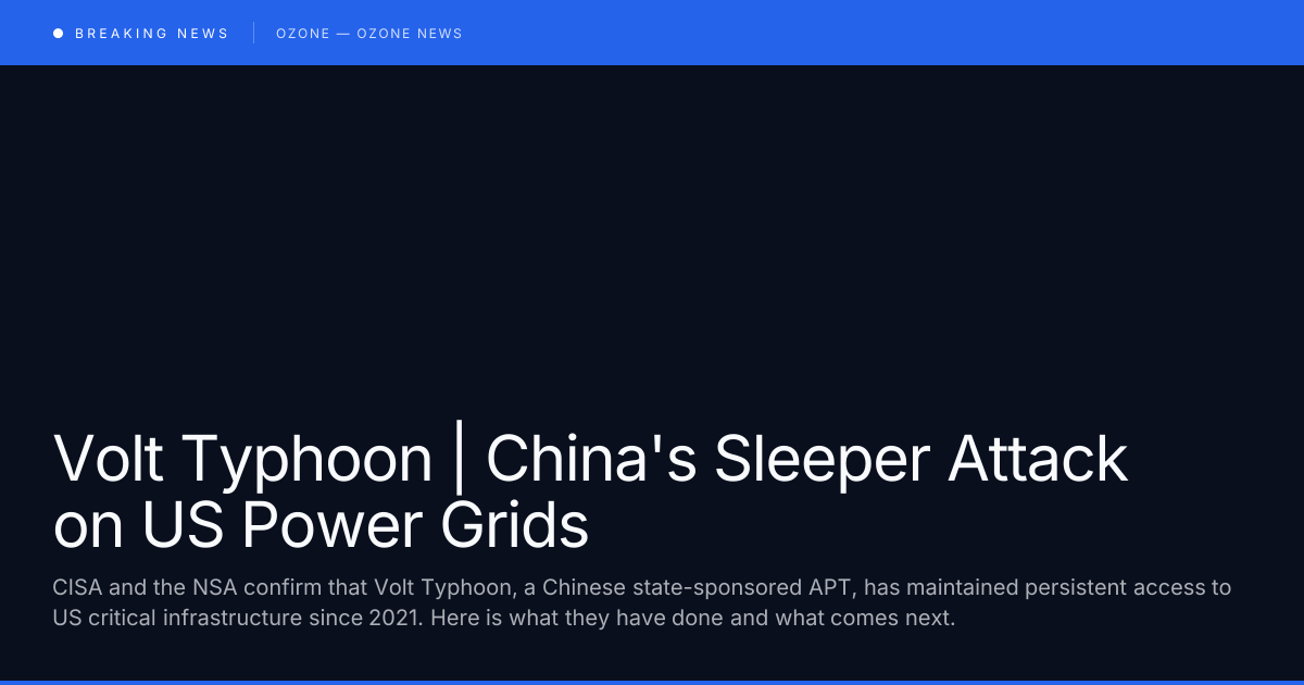 Cyber attack visualization showing compromised US power grid infrastructure nodes linked to Chinese state-sponsored APT Volt Typhoon